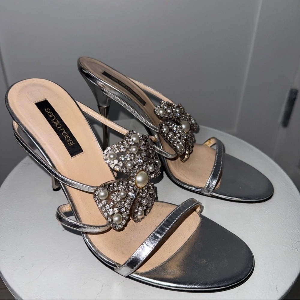Sergio Rossi Florentine Dahlia Metallic Crystal Embellished Mules/ Size 7.5 - Picture 4 of 6